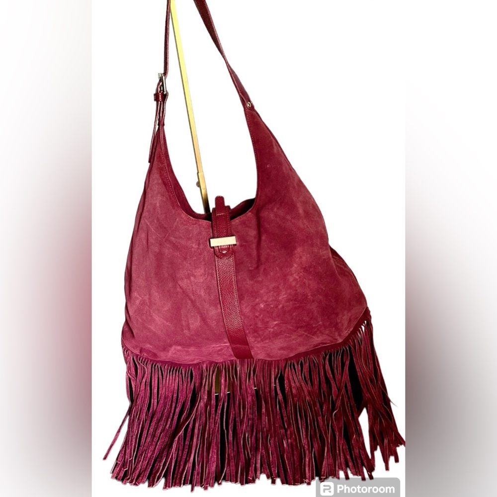Claudia Firenze Suede/leather trim w/fringe NWOT shoulder Bag Cranberry/burgundy